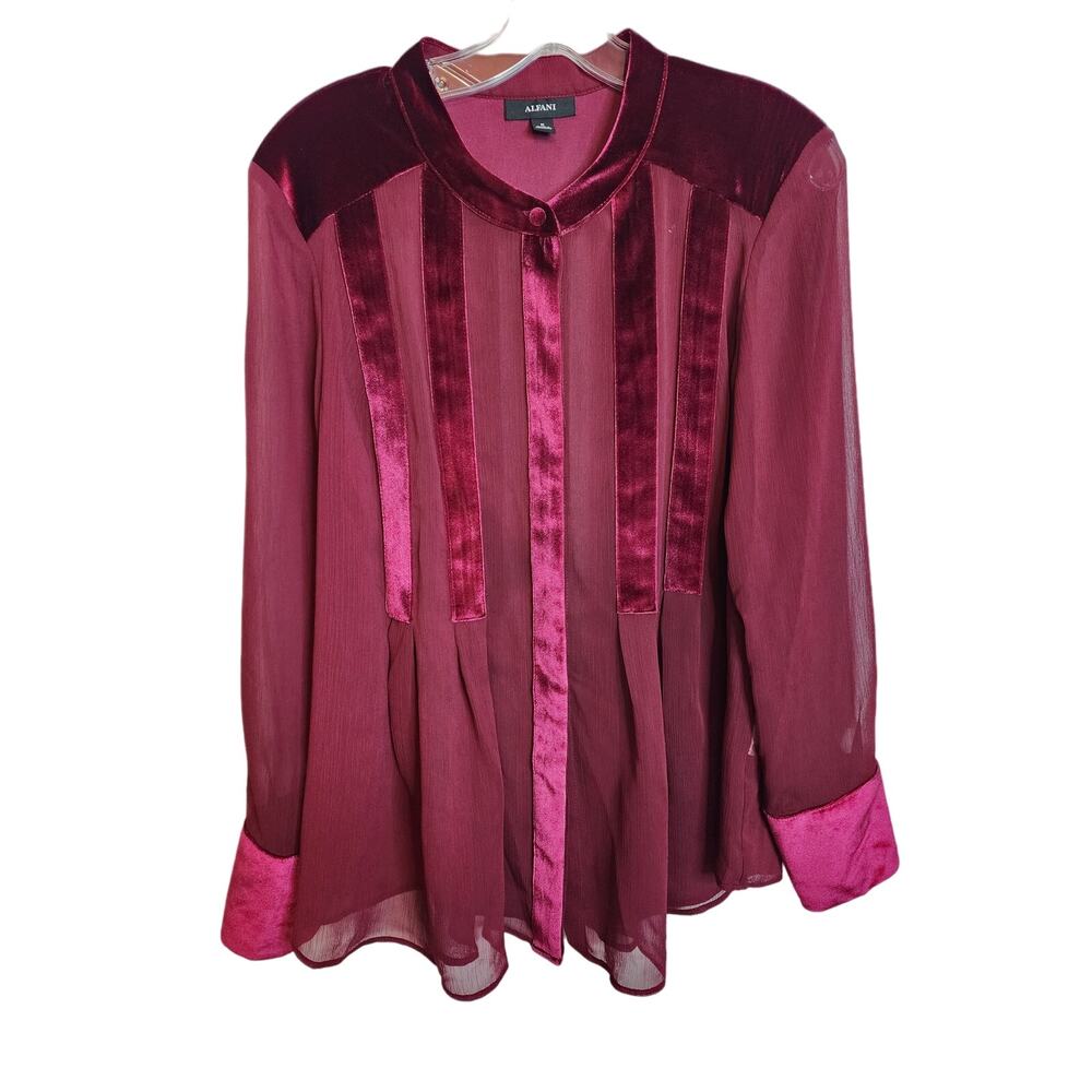 Alfani Berry Colored Mixed Media Velvet/Sheer Blouse, Medium